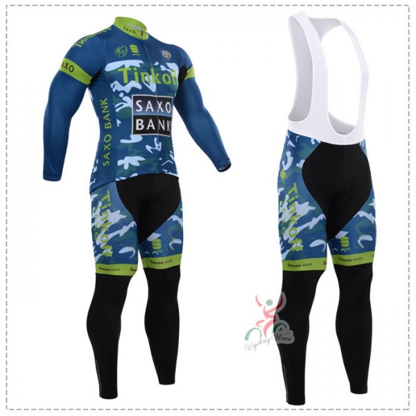 2015 Tinkoff Saxo Bank Camouflage Blau Fahrradbekleidung Radtrikot Satz Langarm und Lange Trägerhose Grün
