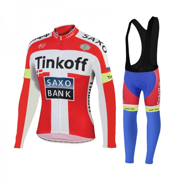 2015 Tinkoff Saxo Bank Rouge Fahrradbekleidung Radtrikot Satz Langarm und Lange Trägerhose