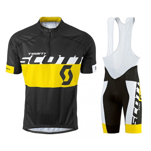 2015 Proteam Scott Schwarz-Gelb Fahrradbekleidung Satz Fahrradtrikot Kurzarm Trikot und Kurz Trägerhose