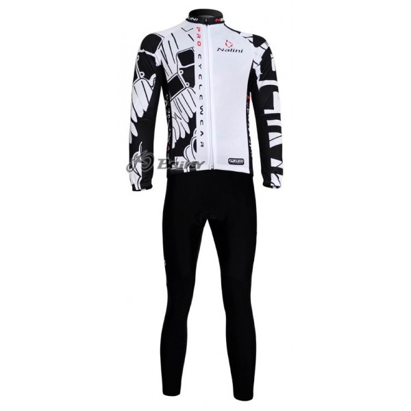 Nalini Pro Team Radbekleidung Satz Fahrradtrikot Langarm und Lang Radhose Weiß Schwarz