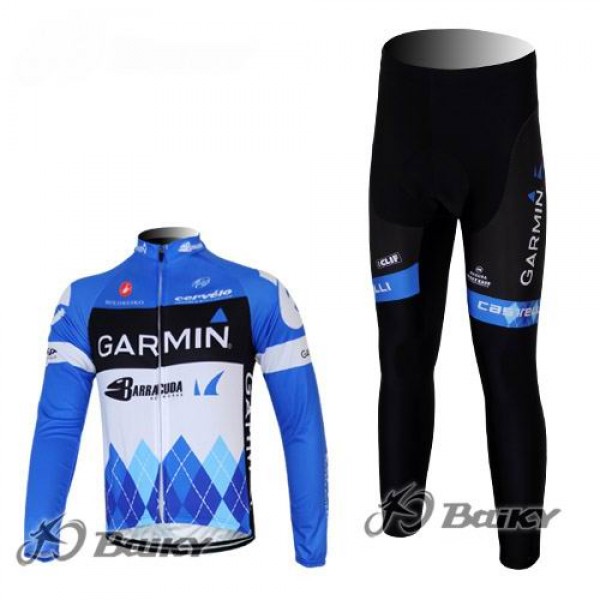 Garmin Barracuda Pro Team Radbekleidung Satz Fahrradtrikot Langarm und Lang Radhose Blau Weiß