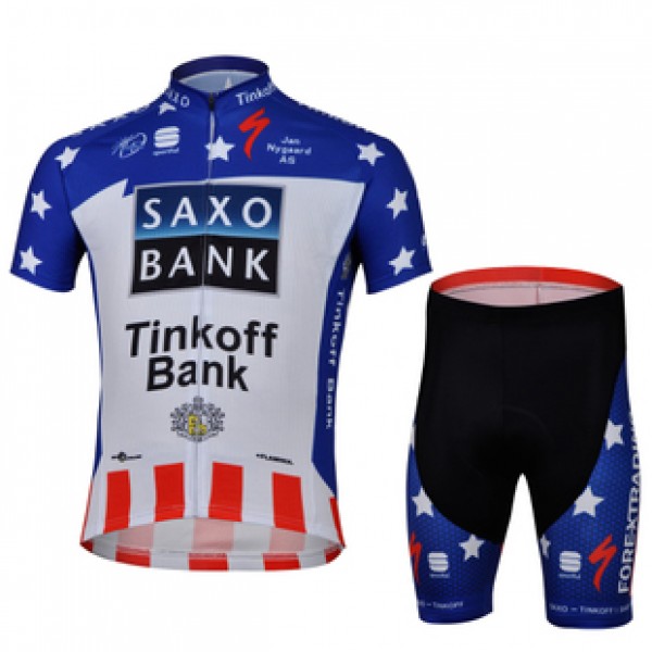 2013 Saxo Bank Tinkoff USA Champion Radtrikot Kurzarm und Kurz Radhose Kits Blau Weiß Rot