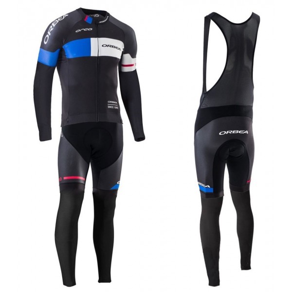 2016 Orbea Team Pro Schwarz-Blau Fahrradbekleidung Satz Radtrikot Langarm+Lang Trägerhose