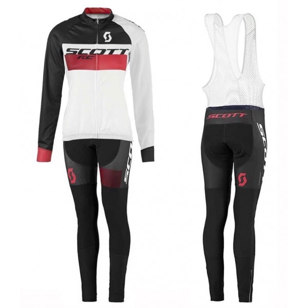 2016 Scott RC Weiß-Schwarz-Rot Damen Fahrradbekleidung Satz Radtrikot Langarm+Lang Trägerhose