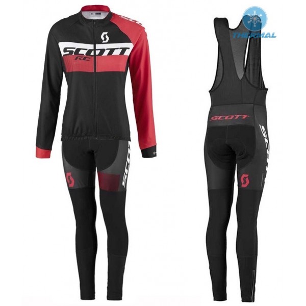 2016 Scott RC Schwarz-Rot Damen thermisch Fahrradbekleidung Satz Radtrikot Langarm+Lang Trägerhose