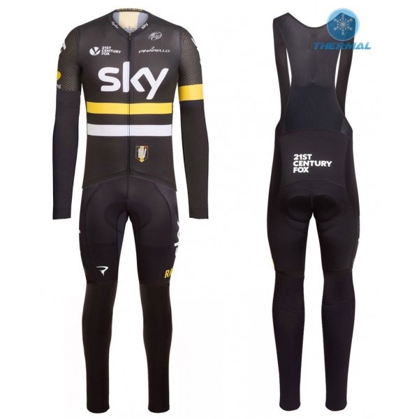 2016 Team Sky IV Schwarz-Gelb thermisch Fahrradbekleidung Satz Radtrikot Langarm+Lang Trägerhose