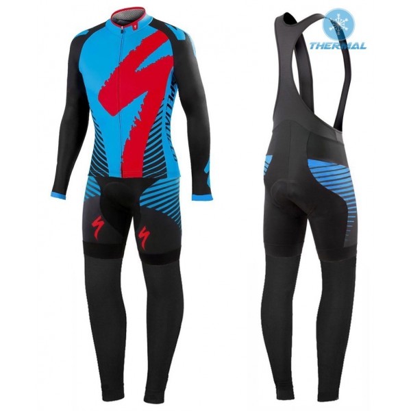 2016 Specialized Team LS Schwarz-Blau thermisch Fahrradbekleidung Satz Radtrikot Langarm+Lang Trägerhose