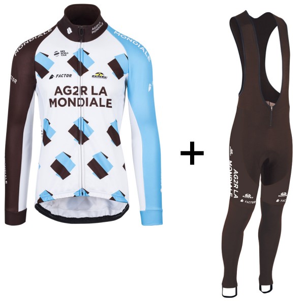 2017 AG2R La Mondiale Weiß Fahrradbekleidung Satz Radtrikot Langarm+Lang Trägerhose