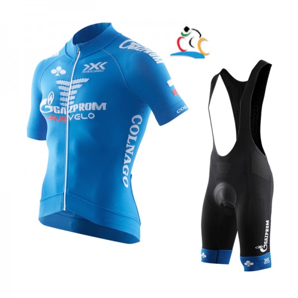 2017 Gazprom-Rusvelo Fahrradbekleidung Satz Radtrikot Kurzarm+Kurz Trägerhose